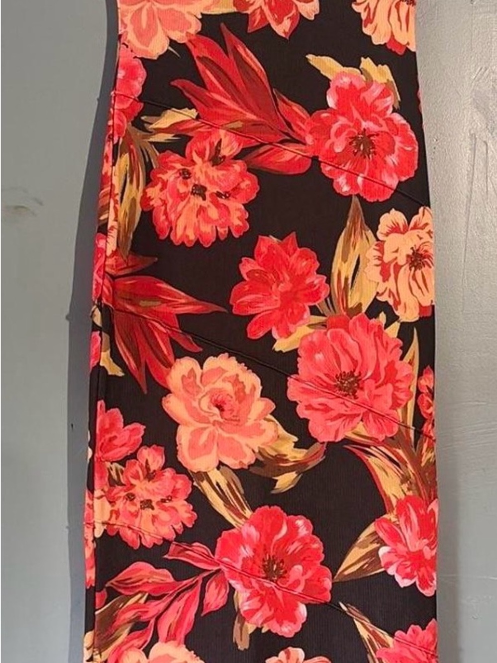 Black Floral Maxi Skirt with Coral and Peach Blooms